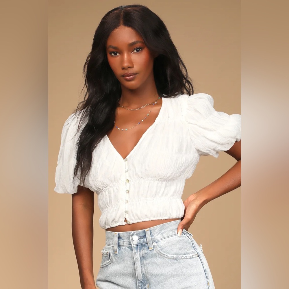 LULU’S Warmer Weather White Puff Sleeve Button-Up Crop Top NWT SZ XL